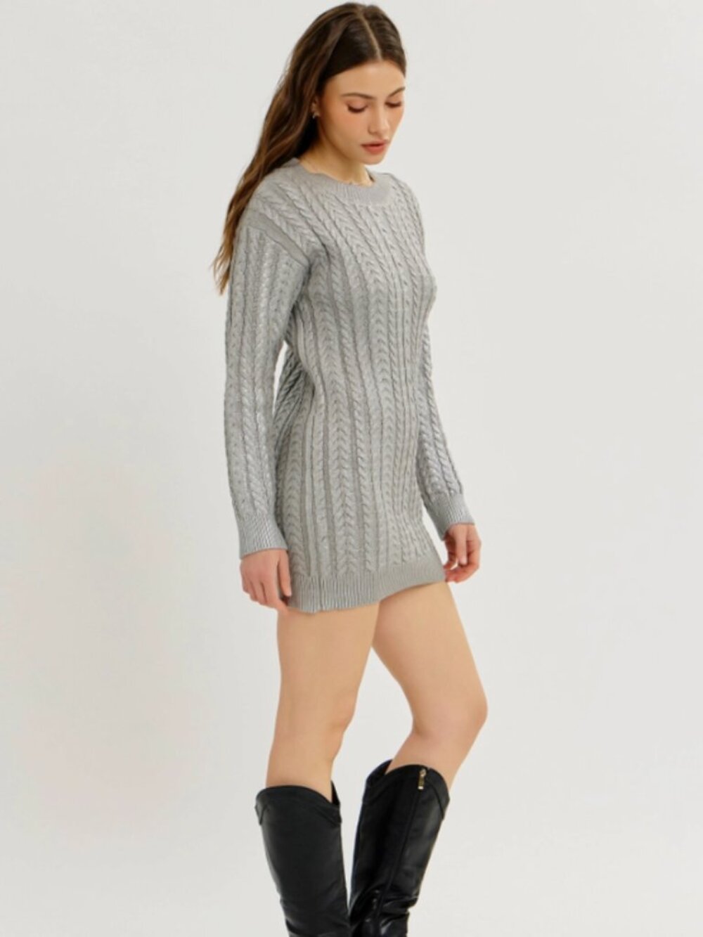 Gray Cable Knit Long Sleeve Sweater Mini Dress Metallic NWT #D105